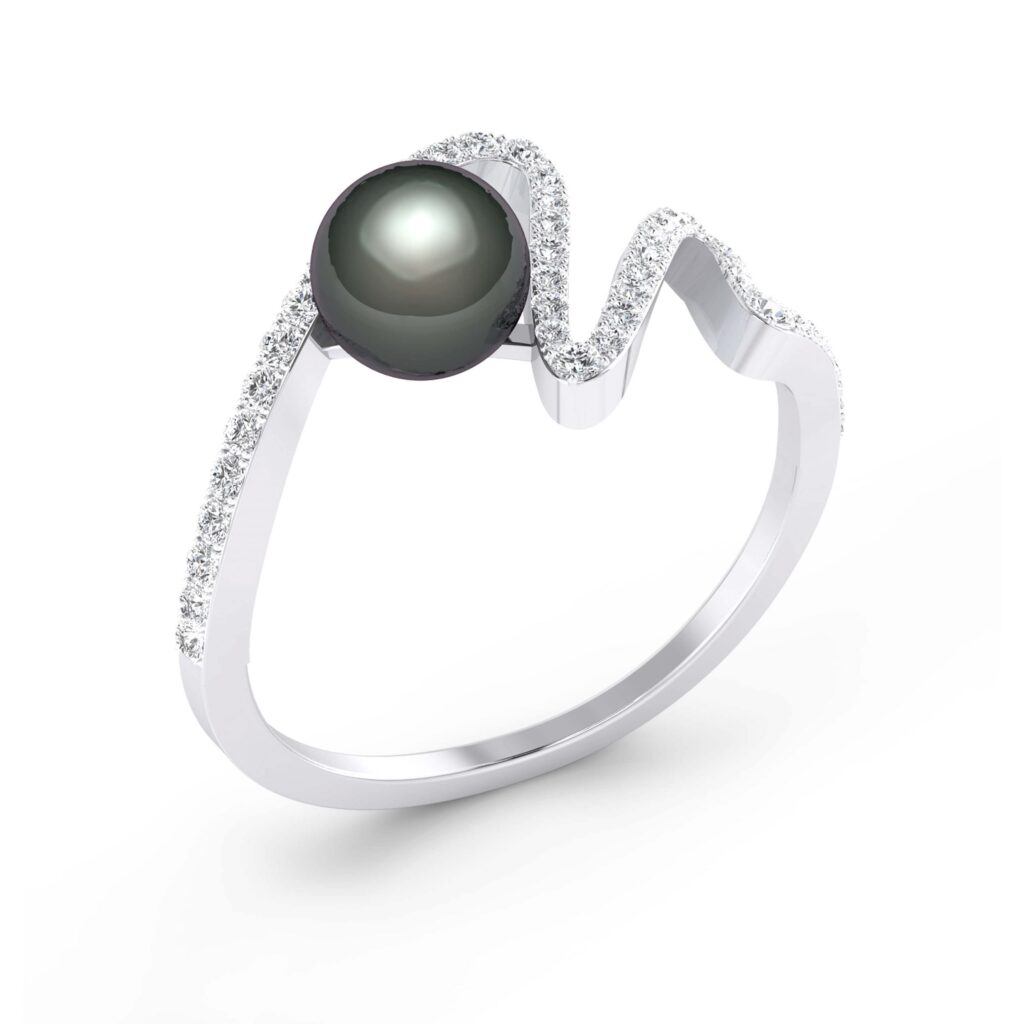 anillo de oro blanco con diseño geometrico, diamantes en el brazo y perla negra en el centro, un diseño moderno realizado por clemencia peris