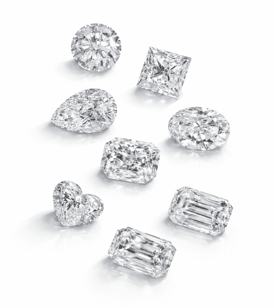 diamantes con distintas formas: talla brillante, talla pera, talla corazón, talla baguette, talla esmeralda, talla oval