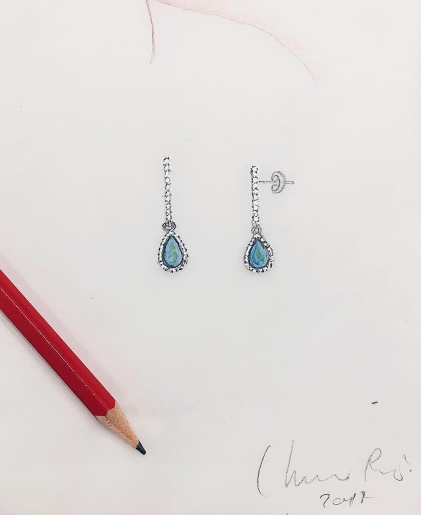 Boceto de diseño de unos pendientes por Clemencia Peris con detalles y proporciones definidos a mano