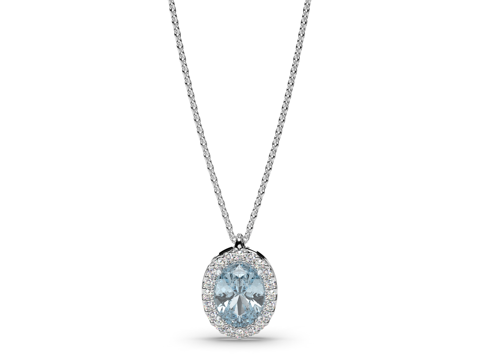 colgante de alta joyería con aguamarina central en talla oval rodeada de diamantes, confeccionado a mano por maestros artesanos en el taller de barcelona